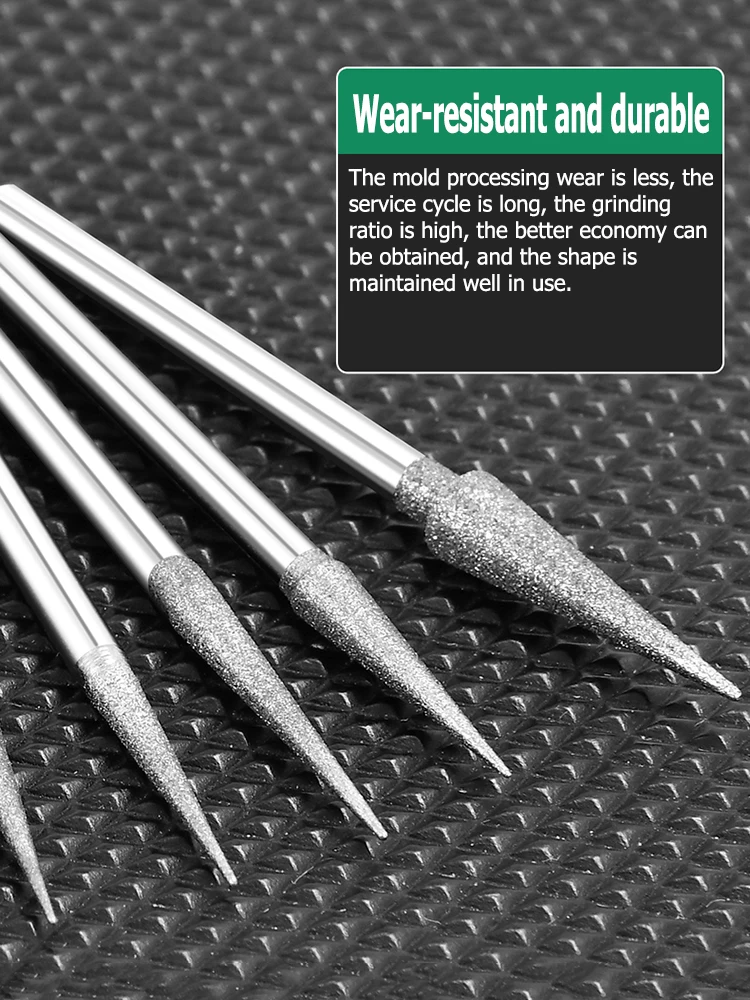 5pcs 0.5-4.0mm Diamond Pointed Shaped Grinding Head D-Needle 2.35mm Shank Drill Bits Burr Engraving Bit for Dremel Rotary Tools