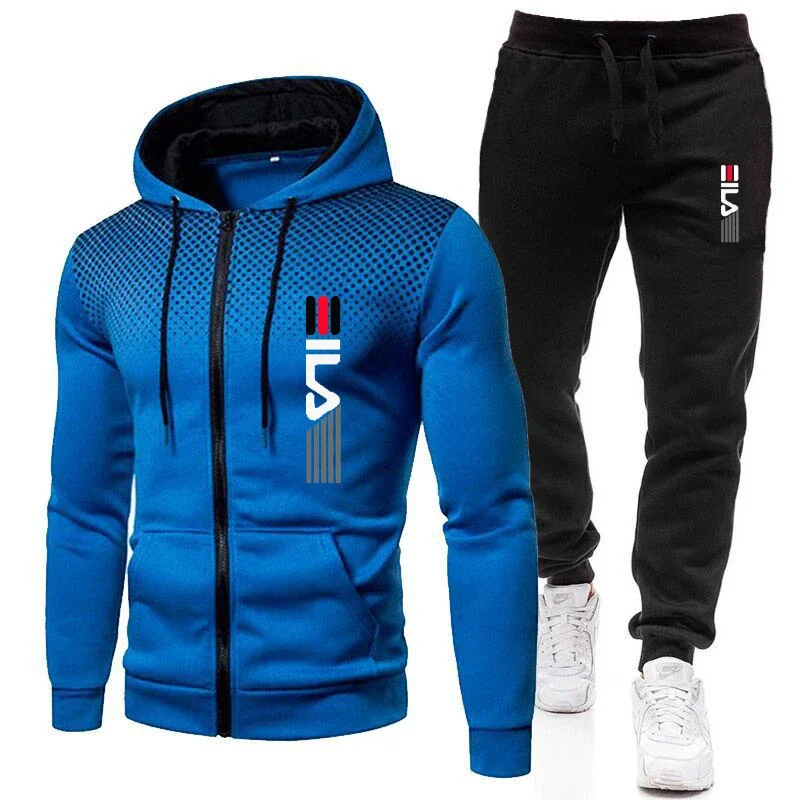 2024 New men\'s two-piece warm jacket and long pants sportswear zippered jacket outdoor hooded sweater sportswear jogging