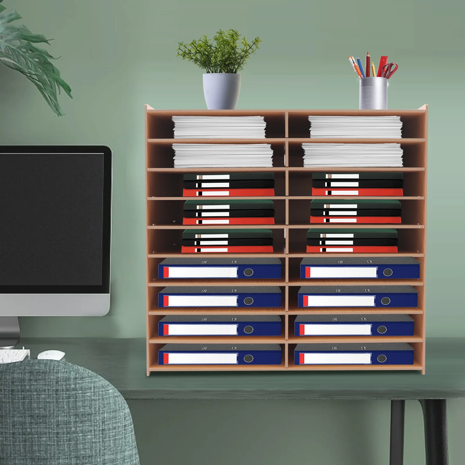 

18 Compartments Wood Fiber Board Storage Rack Tabletop Floor Mounted Rectangular Simple High Temperature Pressing 19x12 Inch