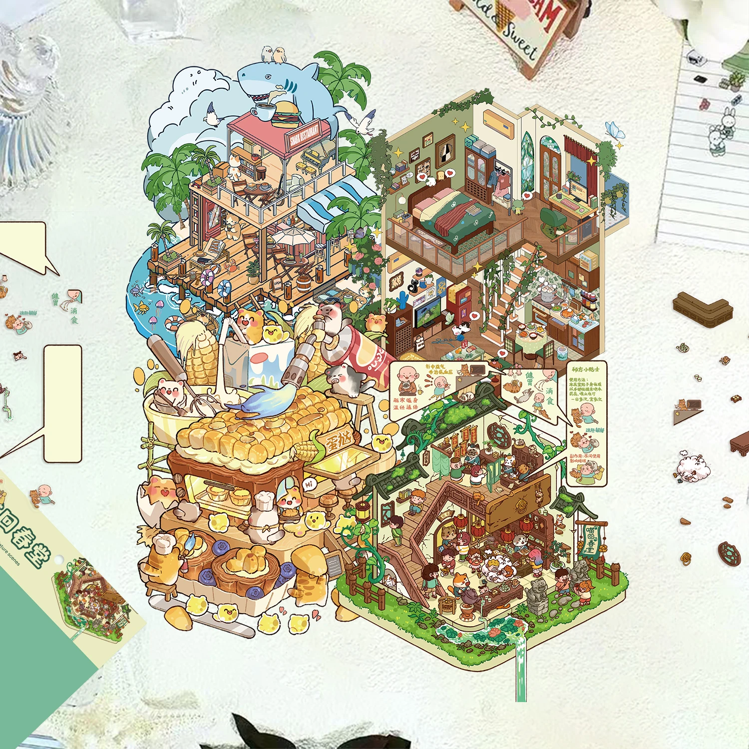 3/4 個猫、サメ、森の小屋、トウモロコシの家、明王朝、古代の城、グルメタウン、花嫁の造園 DIY シーンステッカー