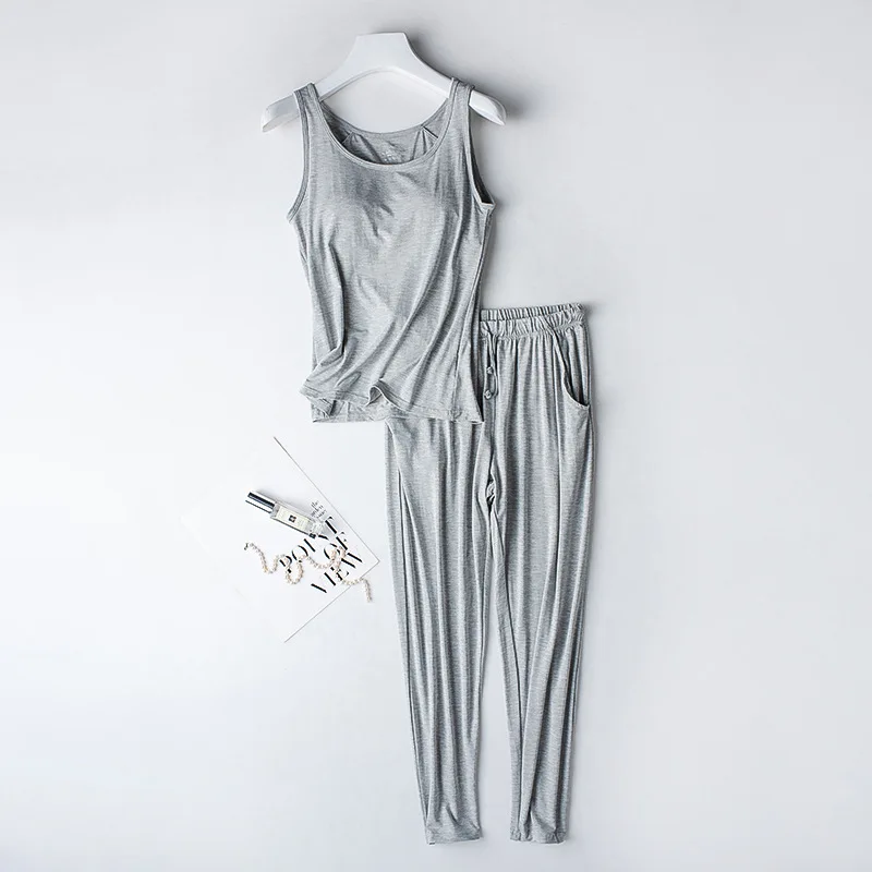 M-3XL Large Size Summer Pijamas Set For Women New Sleeveless Tops + Pant Suit Casual Chest Pad Sleepwear Pajamas Female пижама