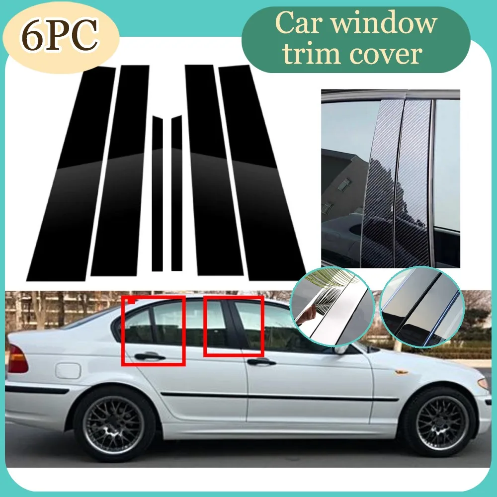 

6PCS Gloss Black Pillar Posts Silver Carbon Fit For BMW E46 4-door sedan1998-2005 Window Decor Door Side Mouliding Trim Cover