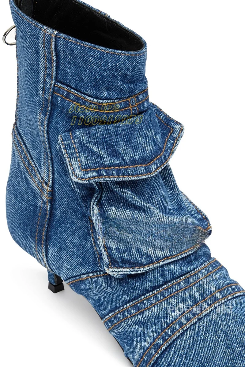 Denim Blue Low Heel Ankle Booties Sexy Pointy Toe Slip On Pocket Decor Back Zipper Runway 2026 Autumn Spring Women Dress Shoes