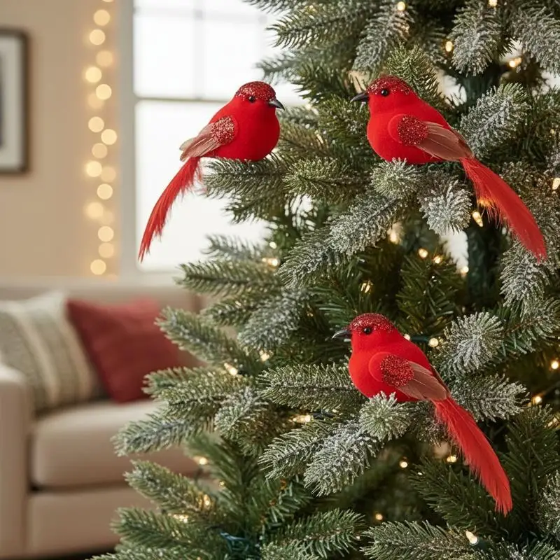 Simulation Feather Birds Handicraft Red Birds Figurines Garden Lawn With Clips For Tree Decor Christmas Home Decoration
