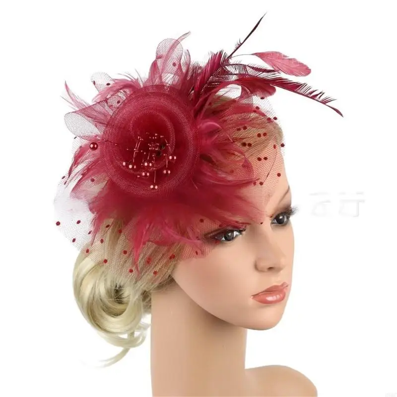 39BC Attractive Tulle Bridal Hairpiece Red Trimmed Fascinator for Special Event
