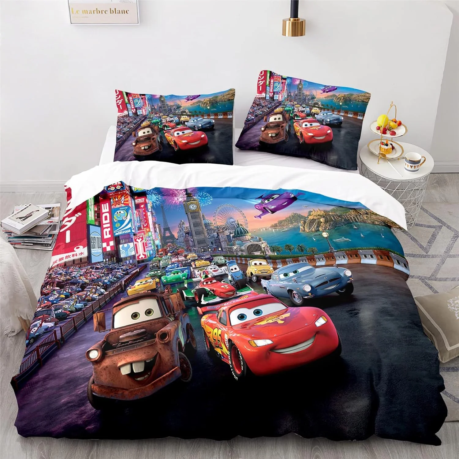 Cars Lightning McQueen Juego de cama para niños 3D Juego de 3 piezas 1 Funda de edredón 100% poliéster Decoración del hogar Dibujos animados