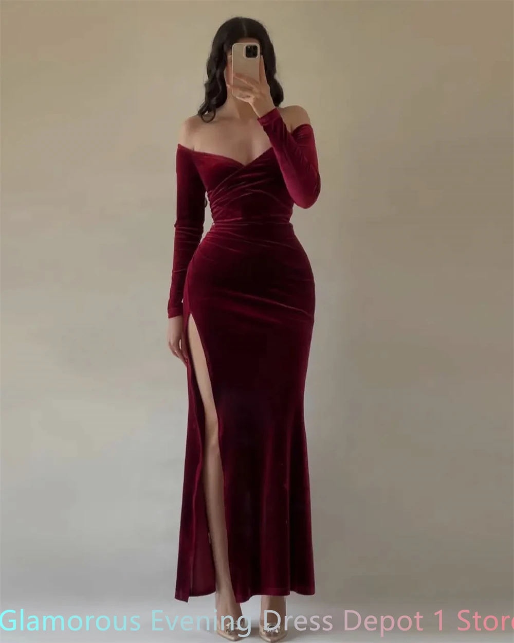 تخصيص حورية البحر لينة بورجوندي القطيفة مساء اللباس الكلاسيكية قبالة الكتف طويلة الأكمام فساتين العودة للوطن الأزياء P