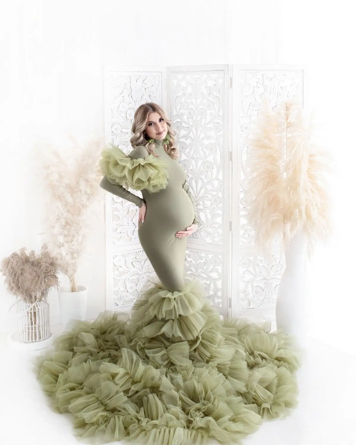 Green Mermaid Maternity Robes Puffy Ruffles Pregnant Women Photography Dresses Sexy Long Sleeves Customized Baby Shower Gowns