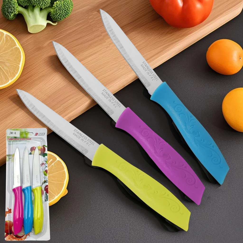 A portable fruit knife set of 3 knives, a fine and sharp stainless steel kitchen knife, a daily ladies' kitchen accessory peeler