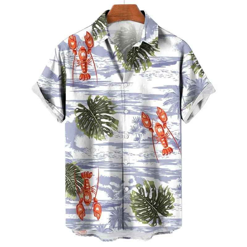 Camisa havaiana masculina estampada em 3D, padrão marisco, manga curta, tamanho grande, férias de verão, casual masculina moda praia