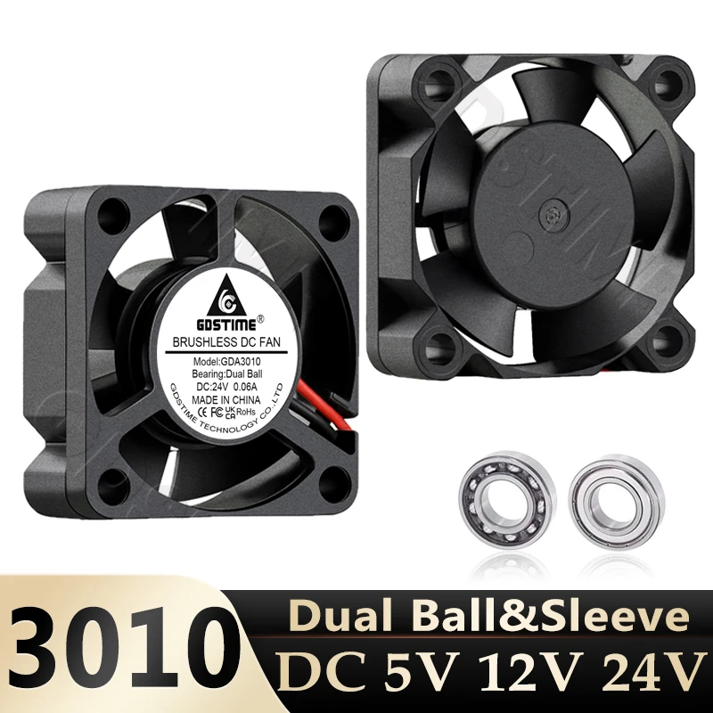 Gdstime 30mm 3D Printe Fan 5V 12V 24V Mini PC Fan 3010 2Pin Axial Cooler 3CM 30x30x10mm Mini DC Brushless Dual Ball Cooling Fan