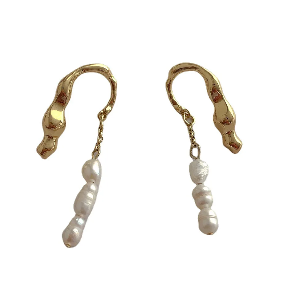 kshmir Korea Simple design sense irregular metal freshwater pearl pendant earrings elegant style women\'s earrings