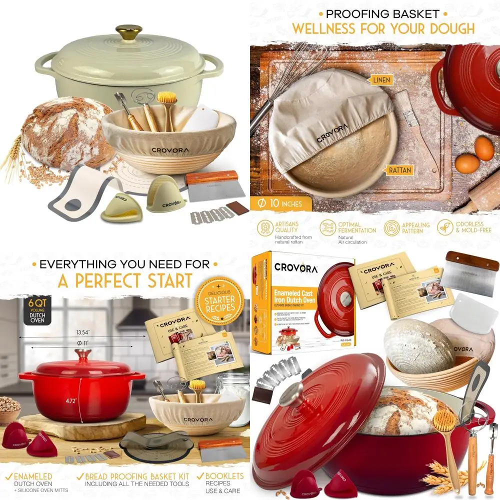 

Эмалированная чугунная голландская духовка 6 QT, идеально подходит для выпечки хлеба, в комплект входят принадлежности для выпечки на ударе, корзина для расстойки хлеба Banneton