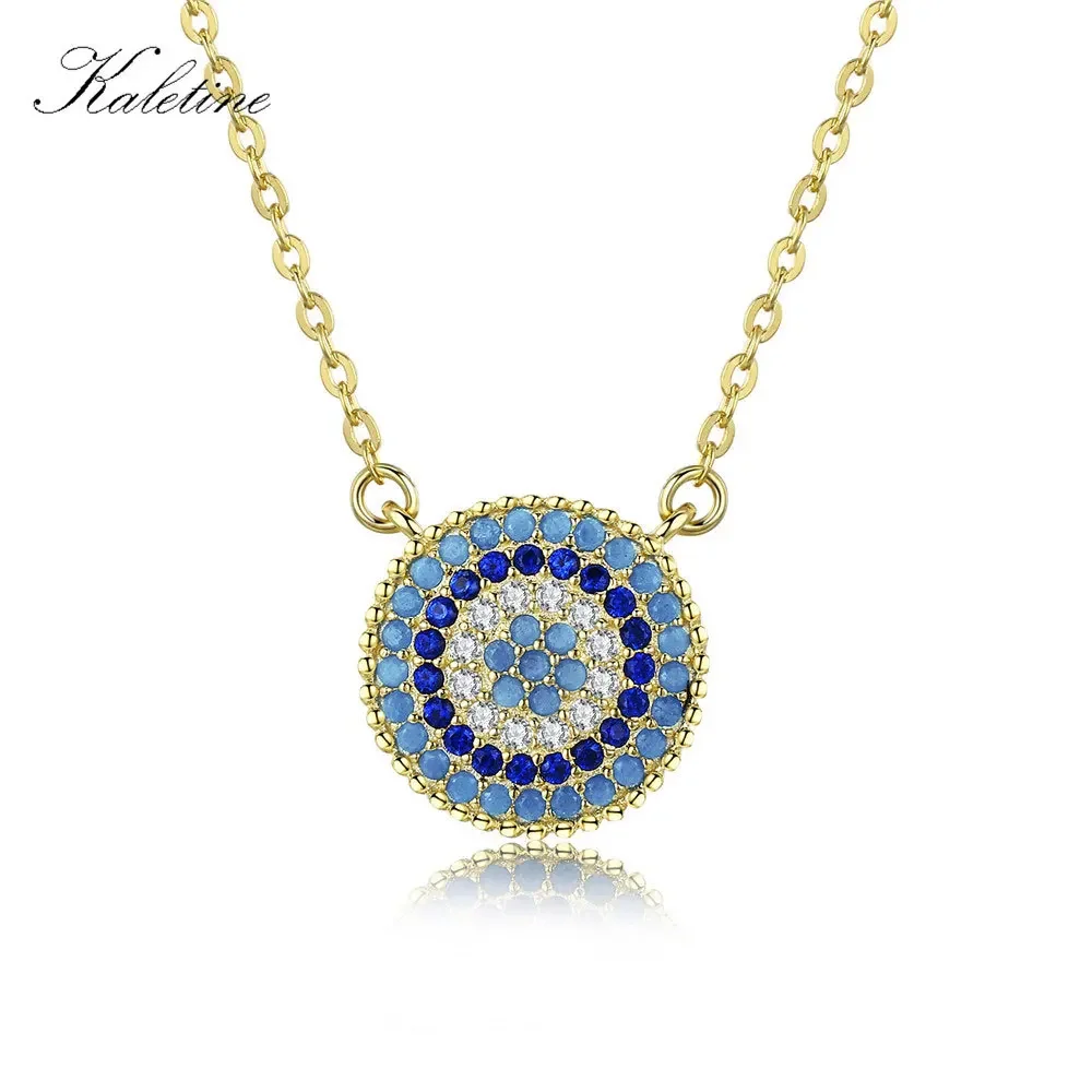 KALETINE 925 Sterling Silver Necklace Charm Round Pendant Evil Eye Necklace Women Paved Blue Zinconia Luck Turkey Jewelry