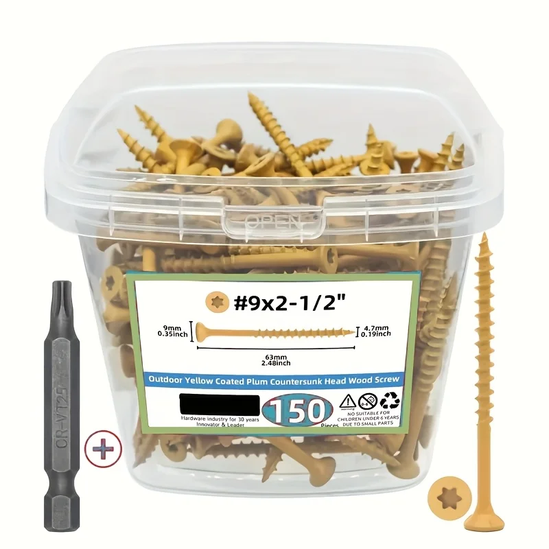 150 pieces, wood screws in two sizes: #9 x 2-1/2 and #9 x 3, star-drive external coarse-thread screws, rust-resistant, includes