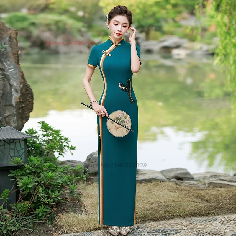 

2025 chinese improved qipao vintage dresss national flower embroidery formal cheongsam stage performance banquet evening dress