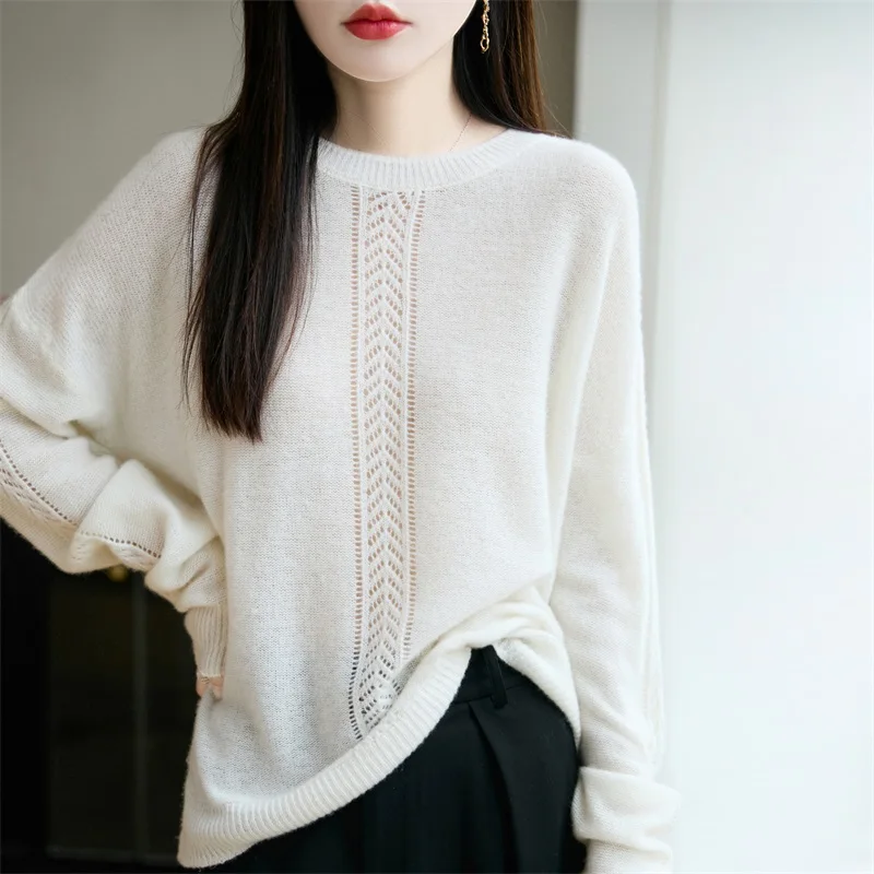 

Women's Hollow Out Sweater Autumn Winter O-Neck Grace 100% Merino Wool Knitwear Casual Loose Long Sleeve Pullover Lazy Clothing