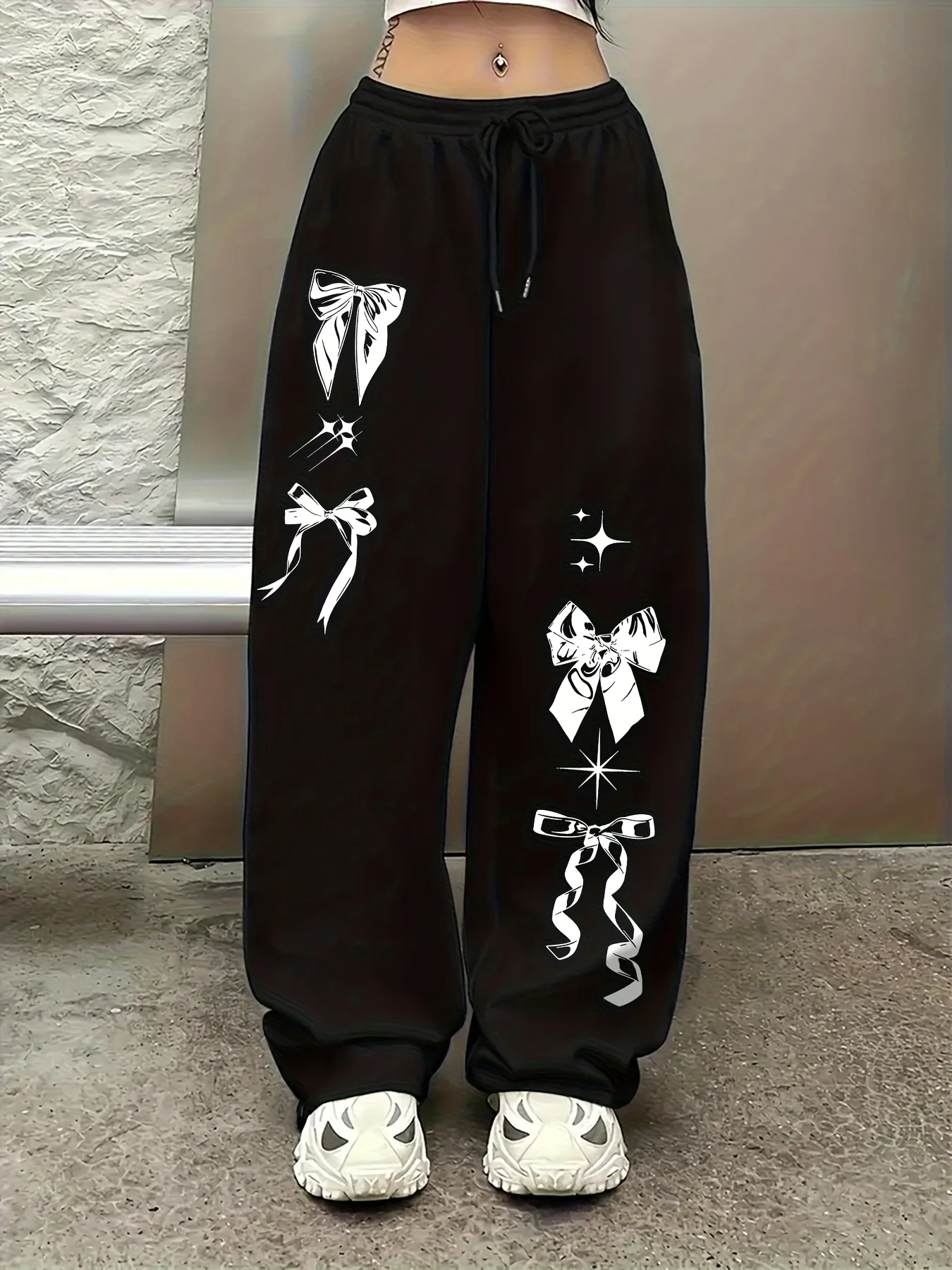 Women's Street Style Casual Sweatpants with Bow Print New Arrivals for Spring Fleece Loose Fit Streetwear Oversized