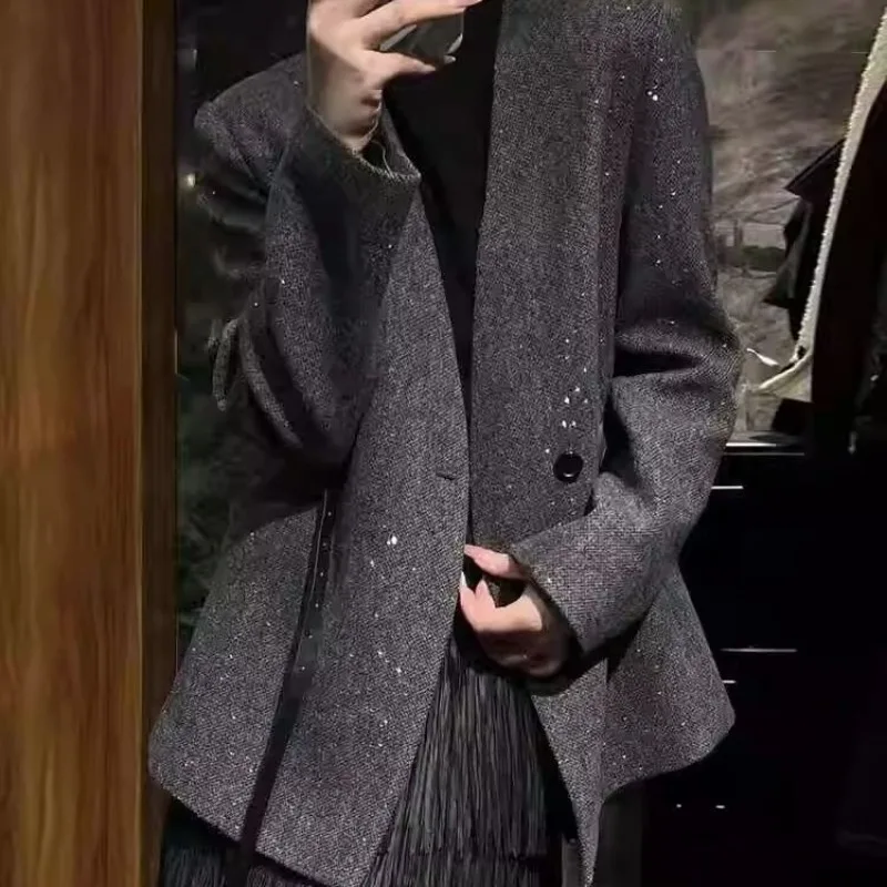 

Checkered Suit Jacket Women's European Station Autumn New Style Heavy Sequined Waist-cinching and Slimming Suit High-end Elegant