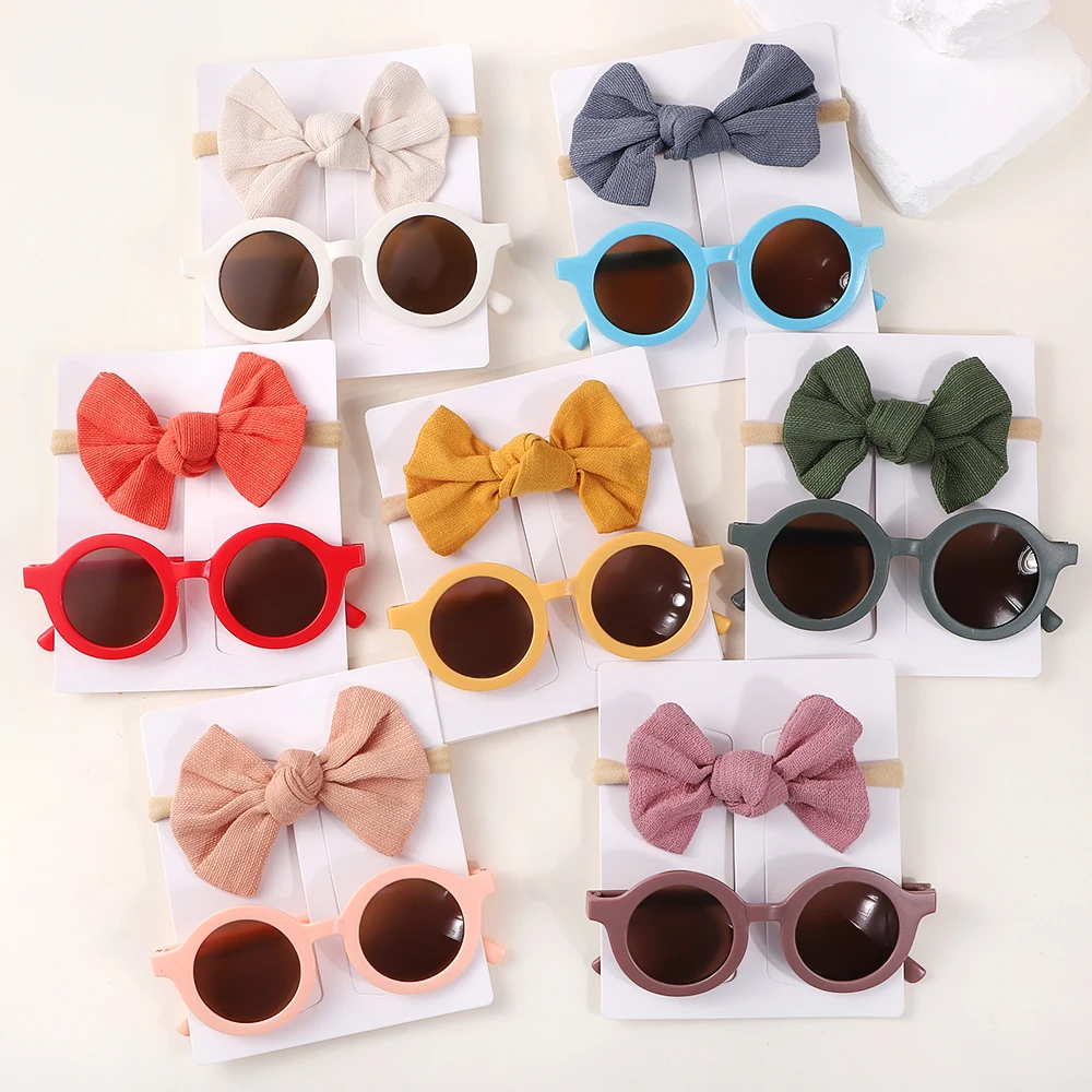 2Pcs/Pack Vintage Kids Summer Bows Headband Round Sunglasses Children Sun Glasses Protection Glasses Baby Hair Accessories