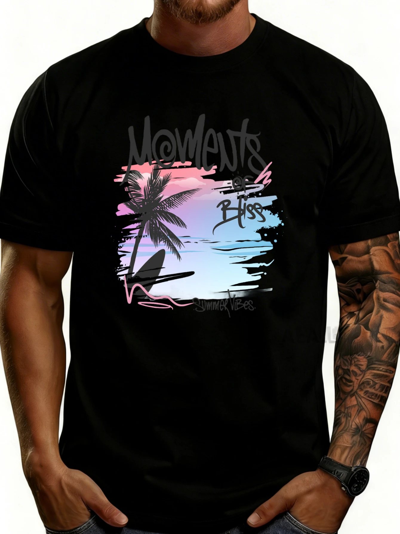 Casual Summer Style Men's T-Shirt with a Tropical Vibe Pattern Featuring Palm Trees and Surfboards, Perfect for Beach and Vacation Wear, and Is the Perfect Gift for Him.