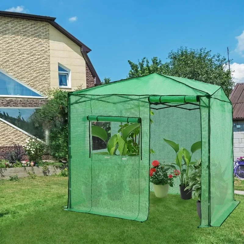 Home.8x6 Portable Walk-in Greenhouse, Pop-up Indoor Outdoor Garden Green House, Zippered Door and Window, PE Cover, Green