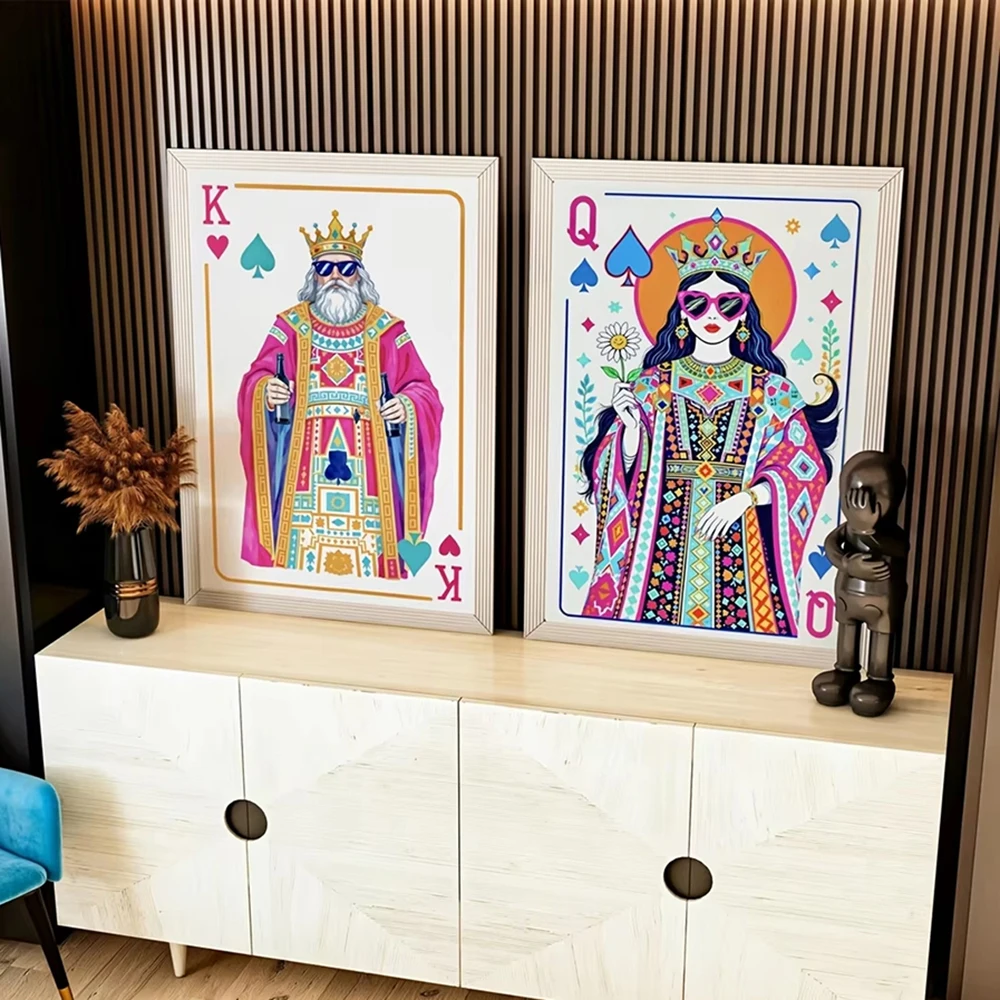 2pcs King & Queen of Hearts Playing Card Canvas Poster, Unframed Retro Maximalist Wall Art for Living Room and Bedroom Decortion