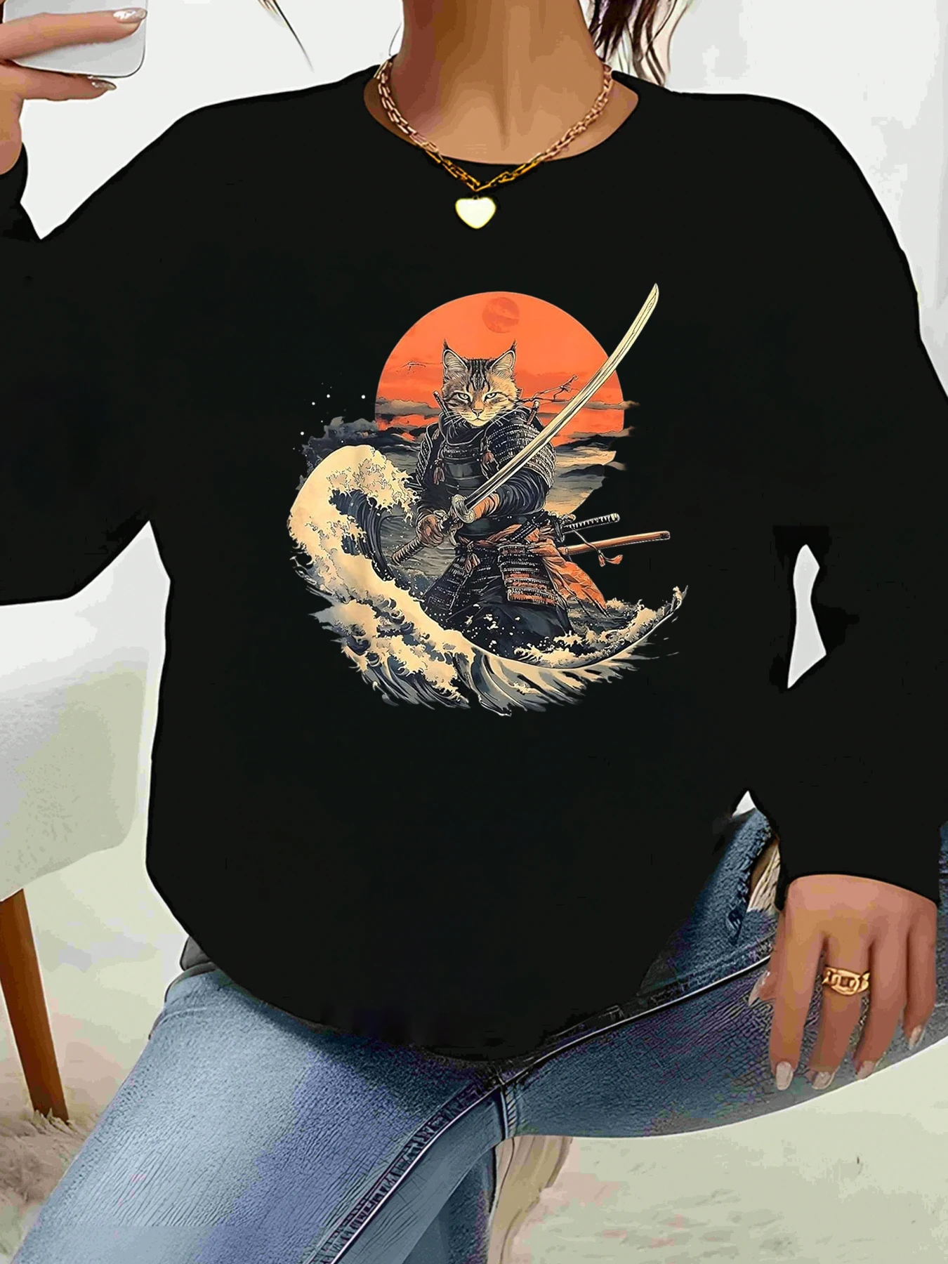 

Топ с длинными рукавами и принтом кота-самурая, повседневная женская одежда на Хэллоуин