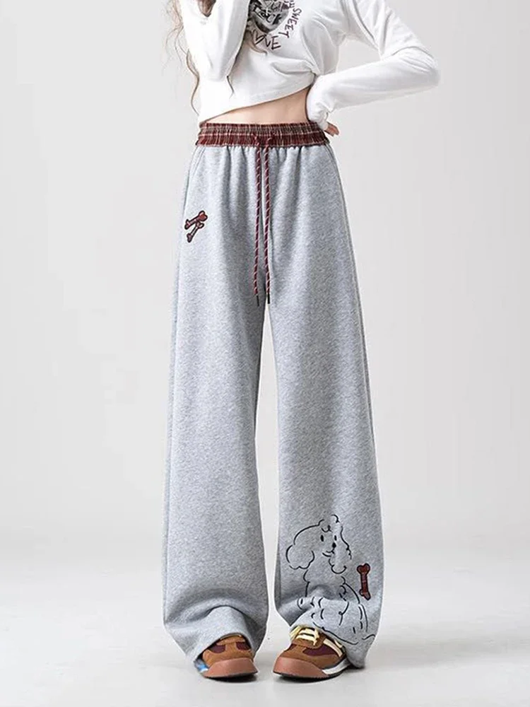 韓国スポーツ子犬刺繍ワイドレッグパンツ女性パッチワーク甘い初秋ズボン原宿ルーズカジュアルレースアップパンツ