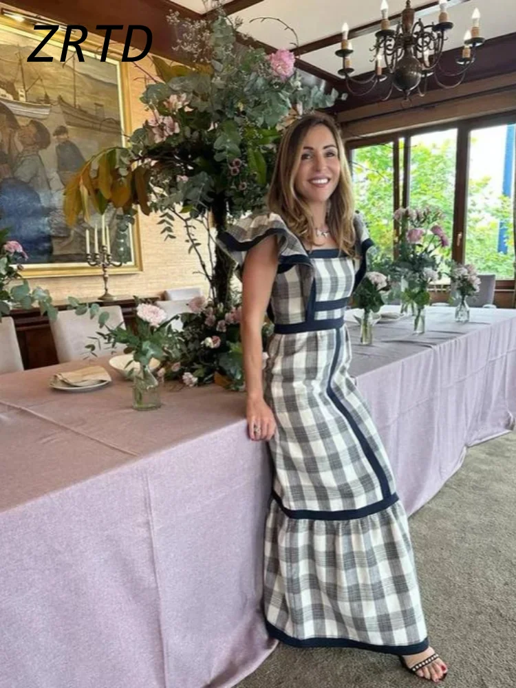 Vintage Square Collar Fly Sleeve Patchwork Dress Women High Waist Plaid Female Maxi Dresses 2024 Spring Summer Chic Beach Robes