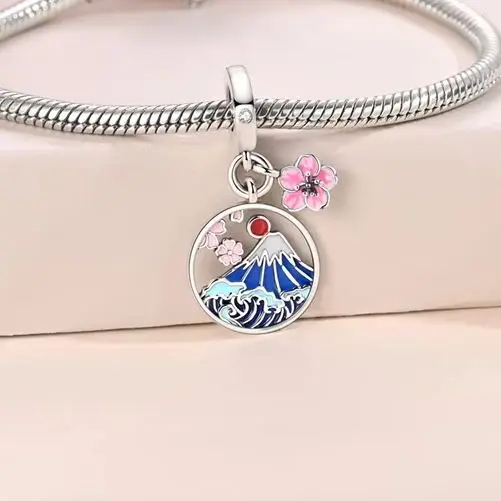 

Изысканные шармы из серебра 925 пробы: бусины в форме горы Фудзи, подвеска с розовым цветком сакуры. Подходит для женских и девичьих оригинальных браслетов, DIY подарок, ювелирные украшения.