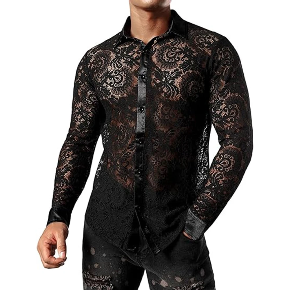 

Tops Men Shirt Lightweight Long Sleeve Night Club Party Perspective See Through Sexy Solid Color Comfy Fashion