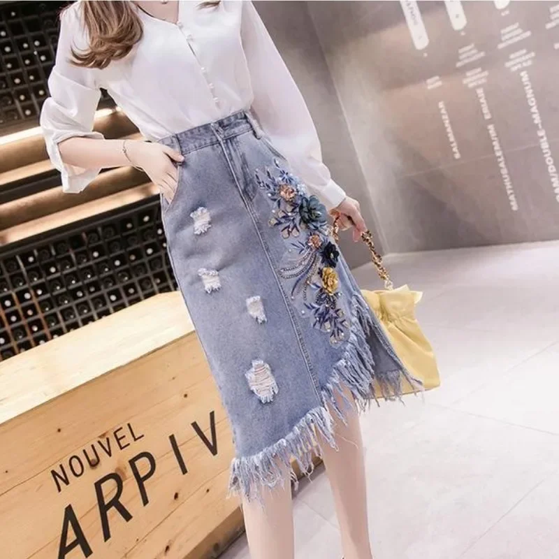 

High Waist Woman Denim Skirt Fringe Streetwear Korean Style Quality Clothing Trend 2025 Luxury Elegant Jeans Skirts for Women