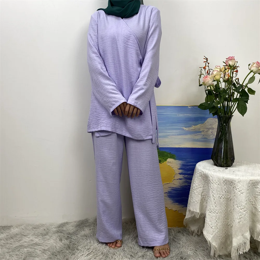 Modest Muslim Women Kimono Lace Up Tops Pant 2 Piece Set Matching Suit Dubai Turkey Kaftan Femme Musulmans Jalabiya Islam Outfit