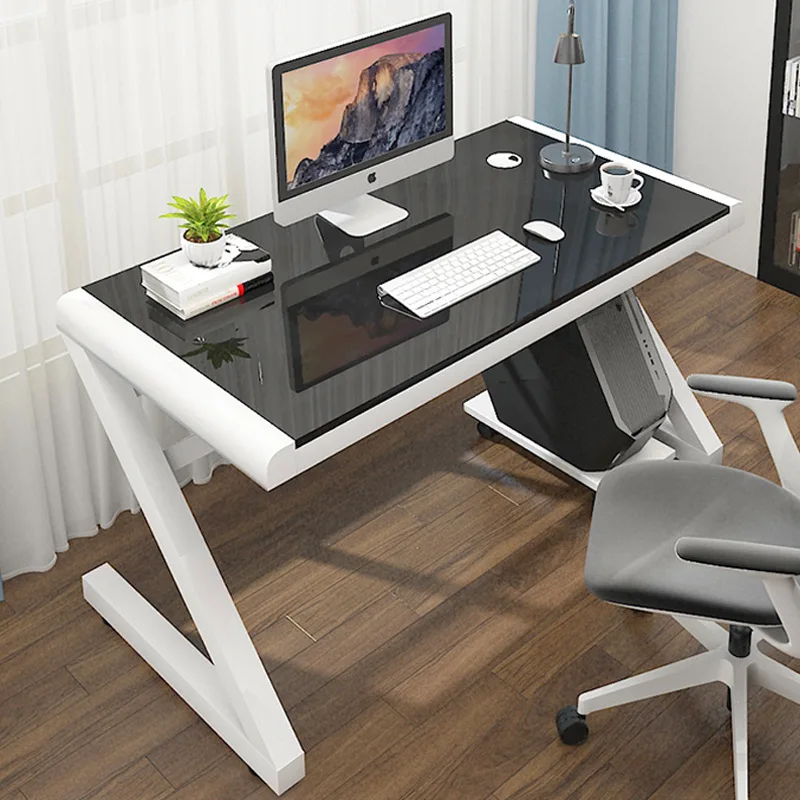 ！@Simple and Economical Toughened Glass Computer Desk Home Student Desk Z-shaped Leg Design