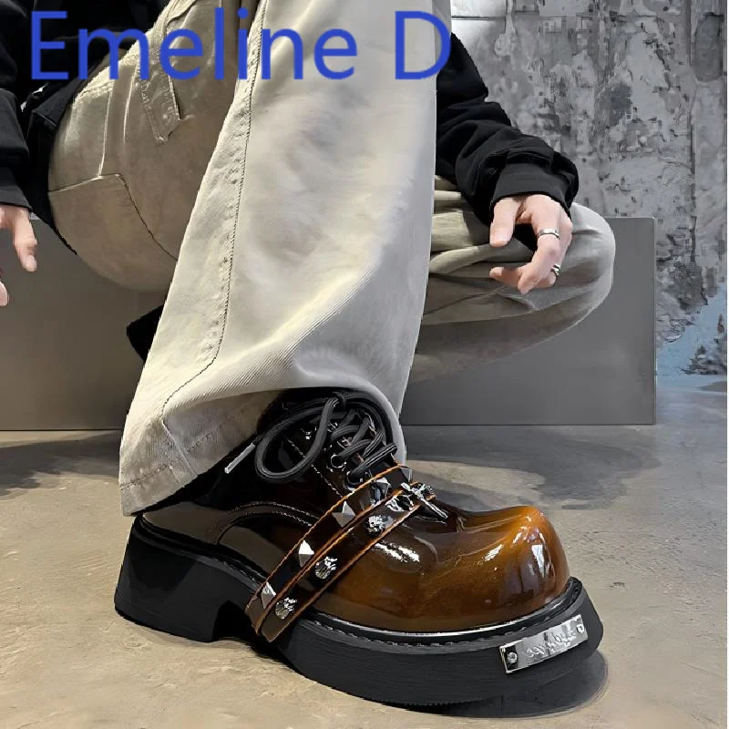 Black Front Lace Up Thick Soled Derby Shoes Fashionable Punk Style Rivet Decoration Design Versatile Thick Soled Casual Shoes