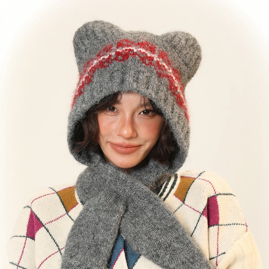 

Вязаная шапка, детская шапка в стиле Fair Island с медвежьими ушками, осенне-зимняя теплая шапка для защиты ушей, шарф в одном