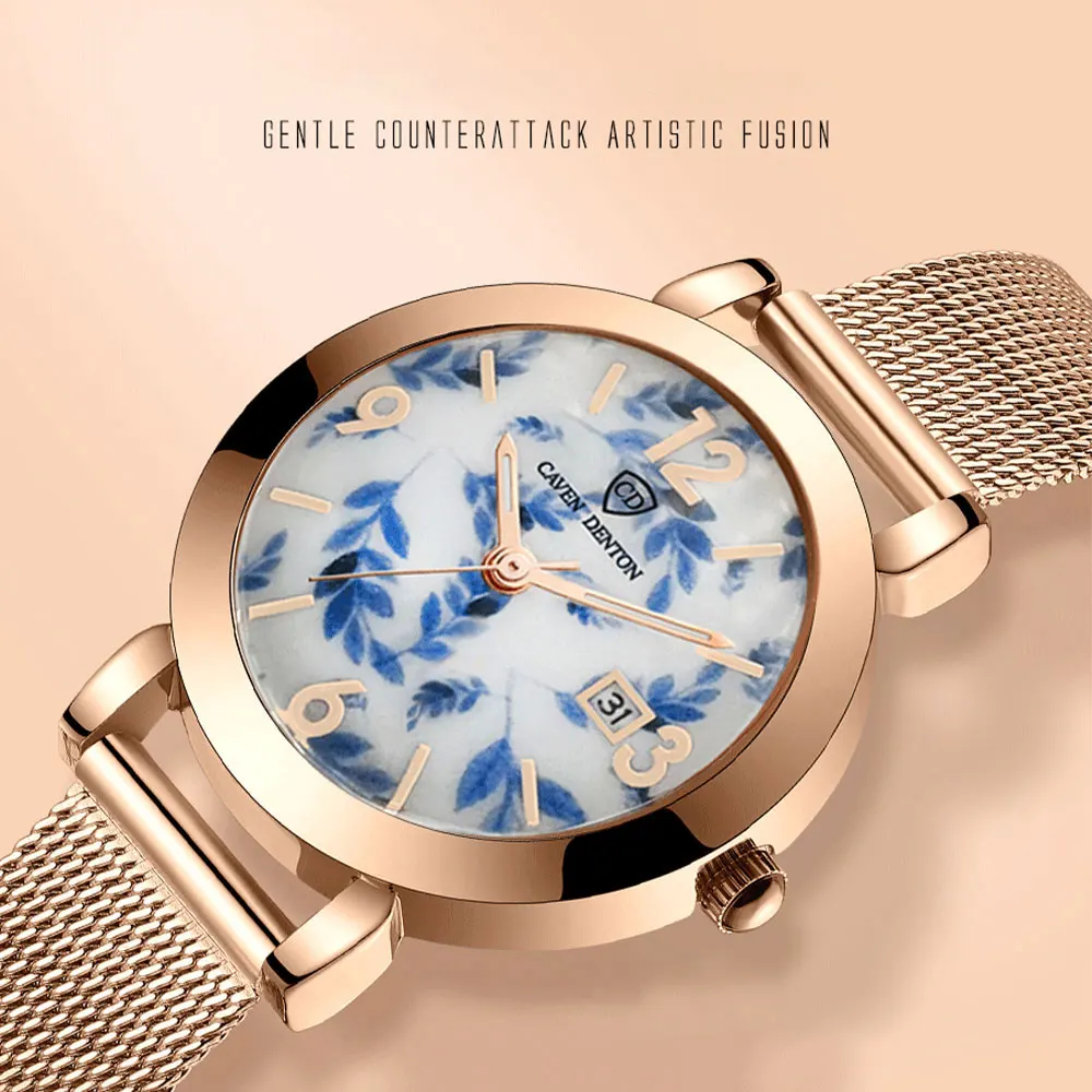 CAVEN DENTON Fashion Women's Vintage Chinese Blue and White Porcelain Mesh Band Stylish Quartz Watch reloj para mujer