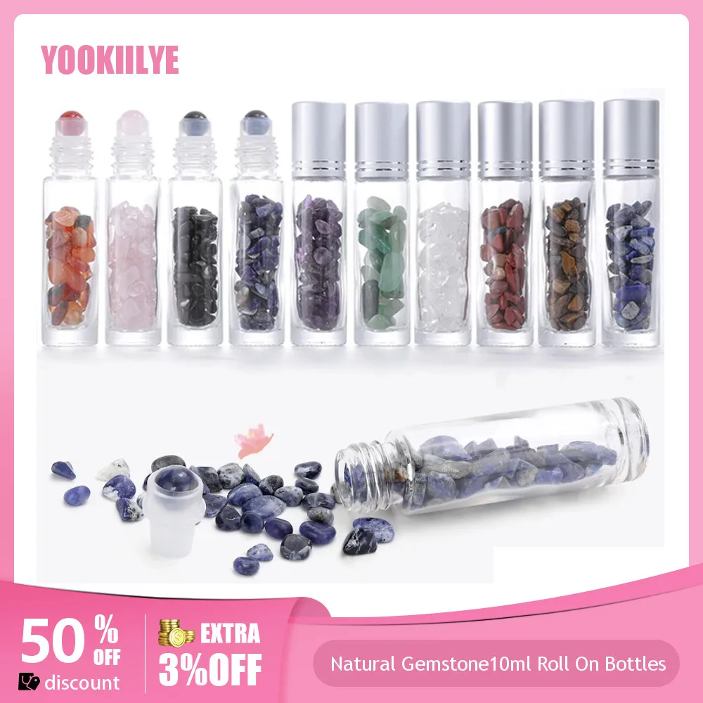 10Pcs 10ml Roll On Bottle Essential Oil Natural Jade Roller Bottles with Crystal Chip Glass Travel Refillable Bottle Containers