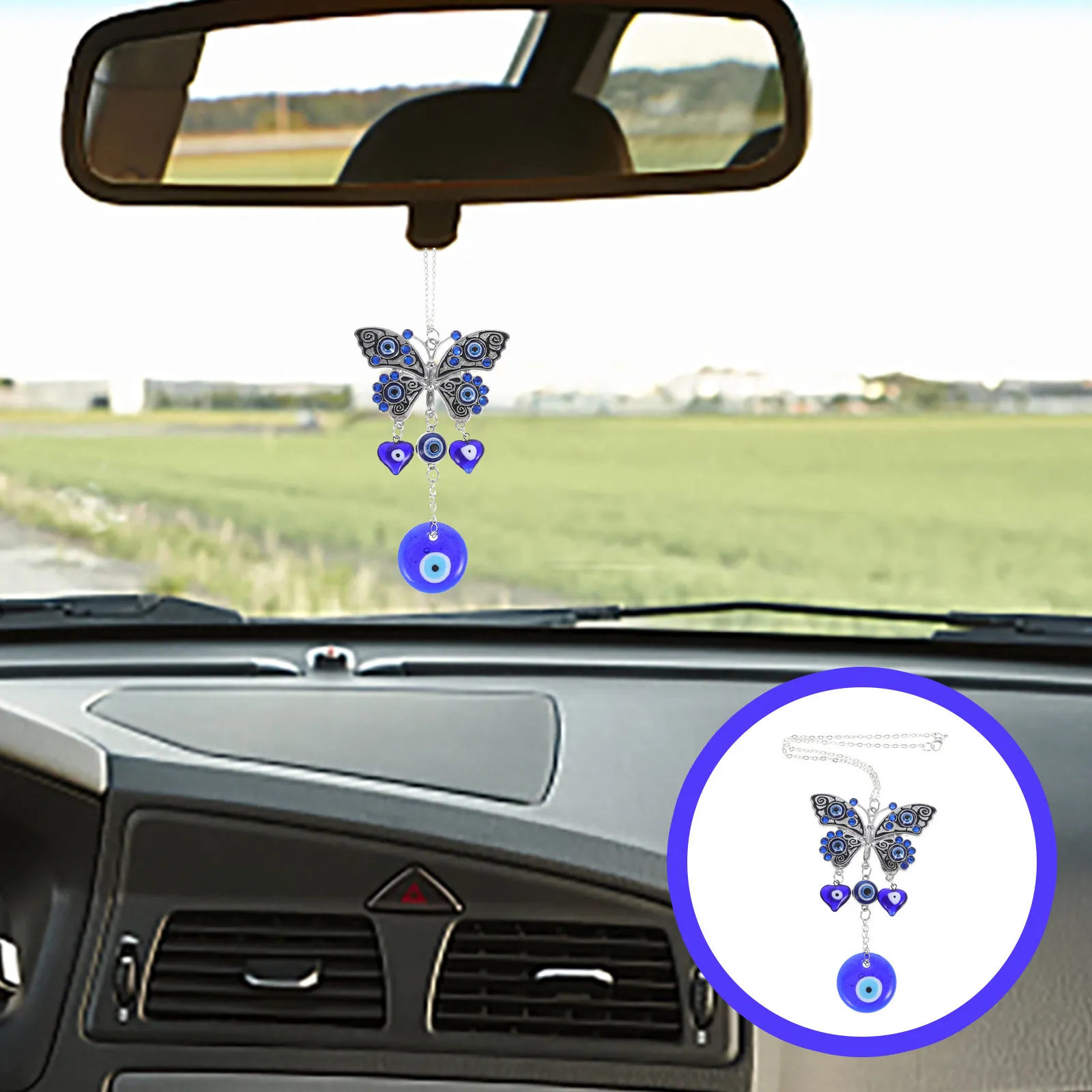 Car Hanging Ornament Butterfly Evil Eye Decor Acrylic Zinc Alloy Rustproof Rearview Mirror Accessory For Women Keychain