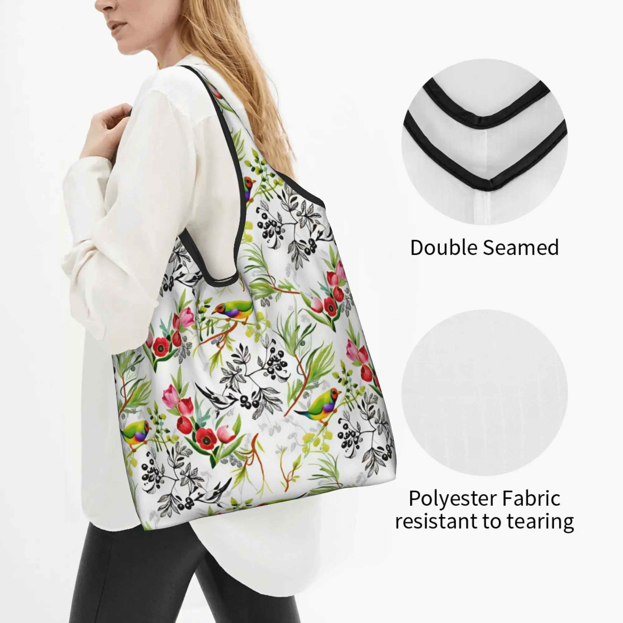 Fashion Trend Watercolor Birds And Plant Flowers Shopping Tote Bags Portable  Grocery Shopper Shoulder Bag