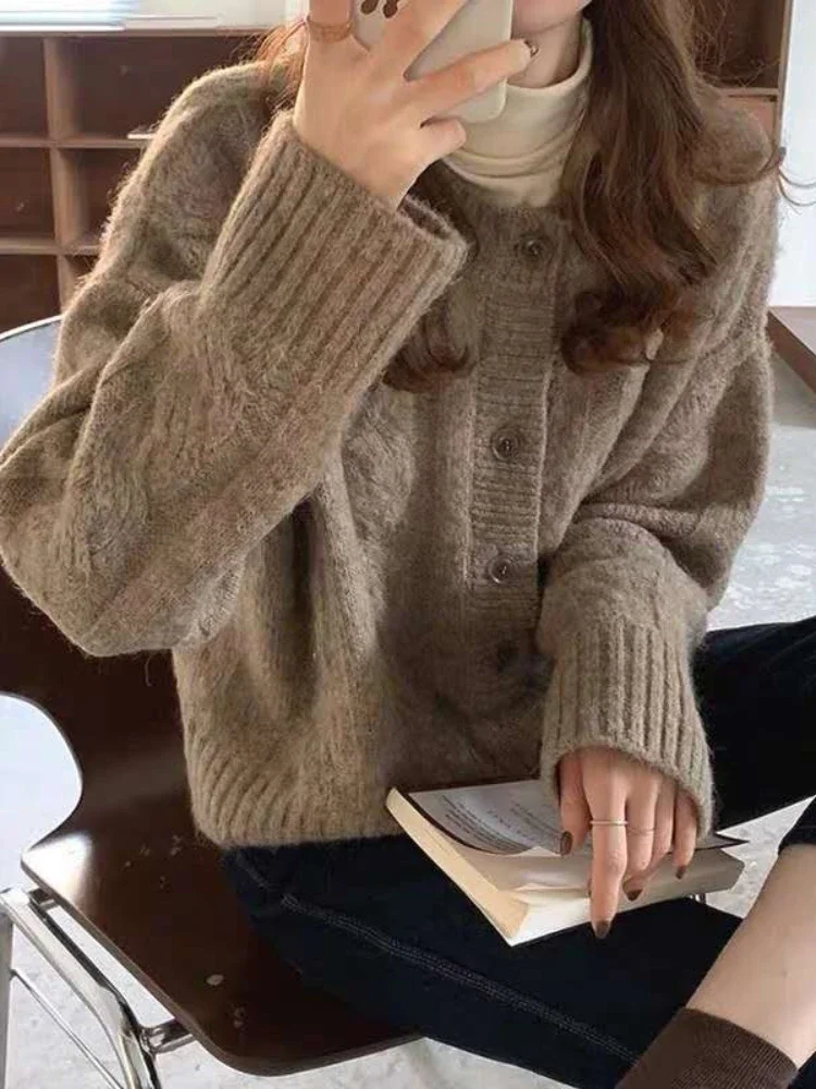 Oversize Women Sweaters Autumn Winter Sweater Vintage Buttons Cardigans Single Breasted Puff Sleeve Loose Cardigan Cropped