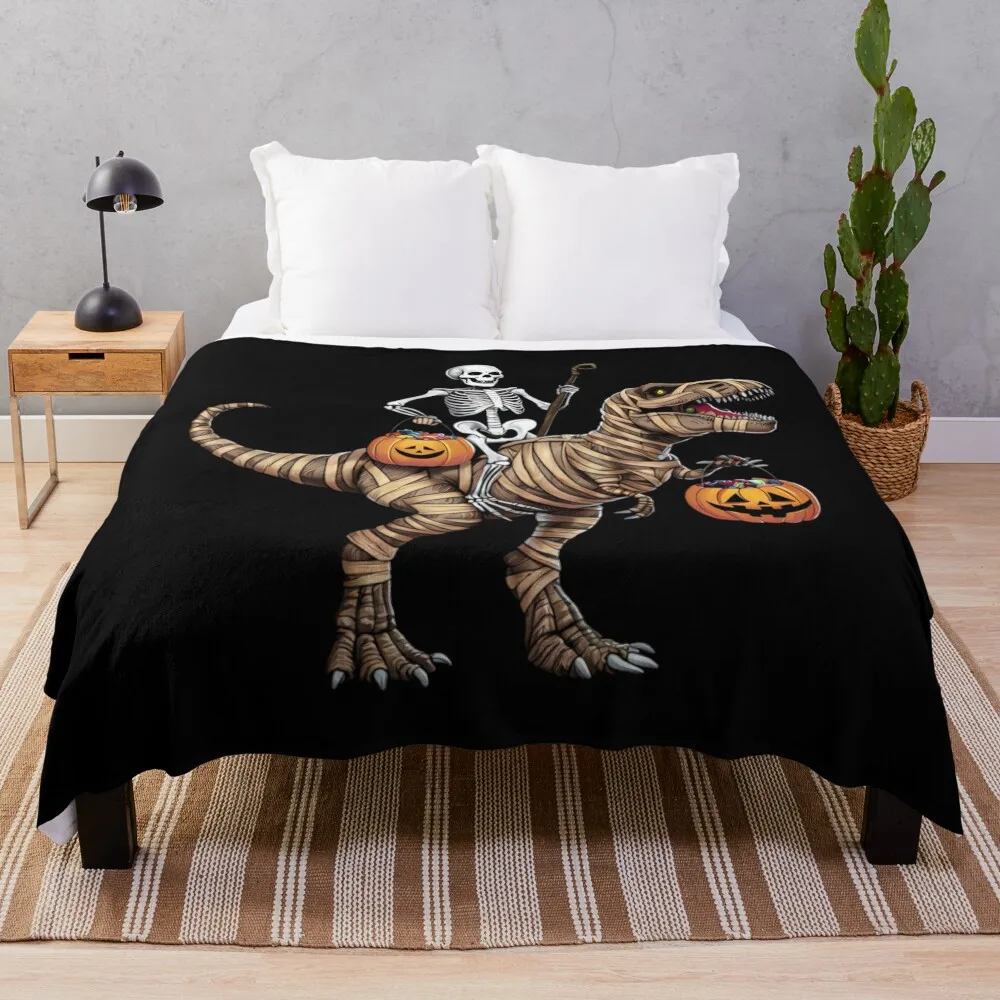 Halloween Tshirt Dinosaur Trex Skeleton Horror Party Costume Throw Blanket Flannel Fabric Bed linens Blankets