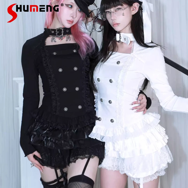 

Japanese Style Thin Velvet Double-Breasted T-shirts Black And White Halter Neck Long Sleeves Bottoming Shirt Pullover Top Tees