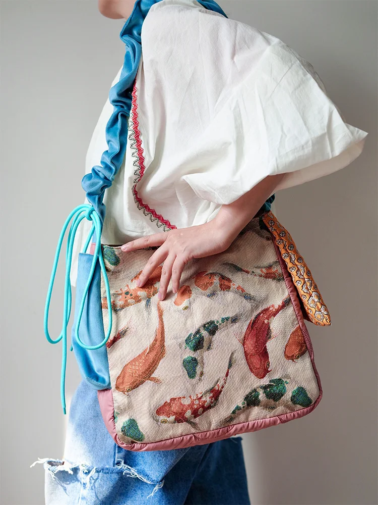 

New 2025 Chinese Style Tote Bag Single Shoulder Slant Cross Women's Bag House Design Original Velvet Strap Soft Fabric