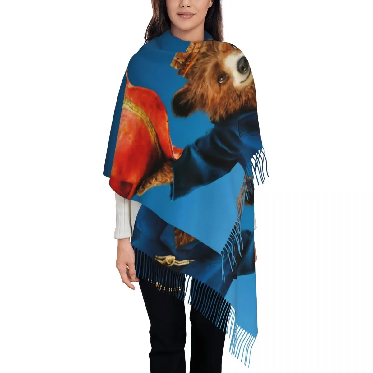 

Cute Britain Paddington Brown Bear Scarf for Women Winter Fall Shawl Wrap Cartoon Movie Large Scarves with Tassel for Daily Wear