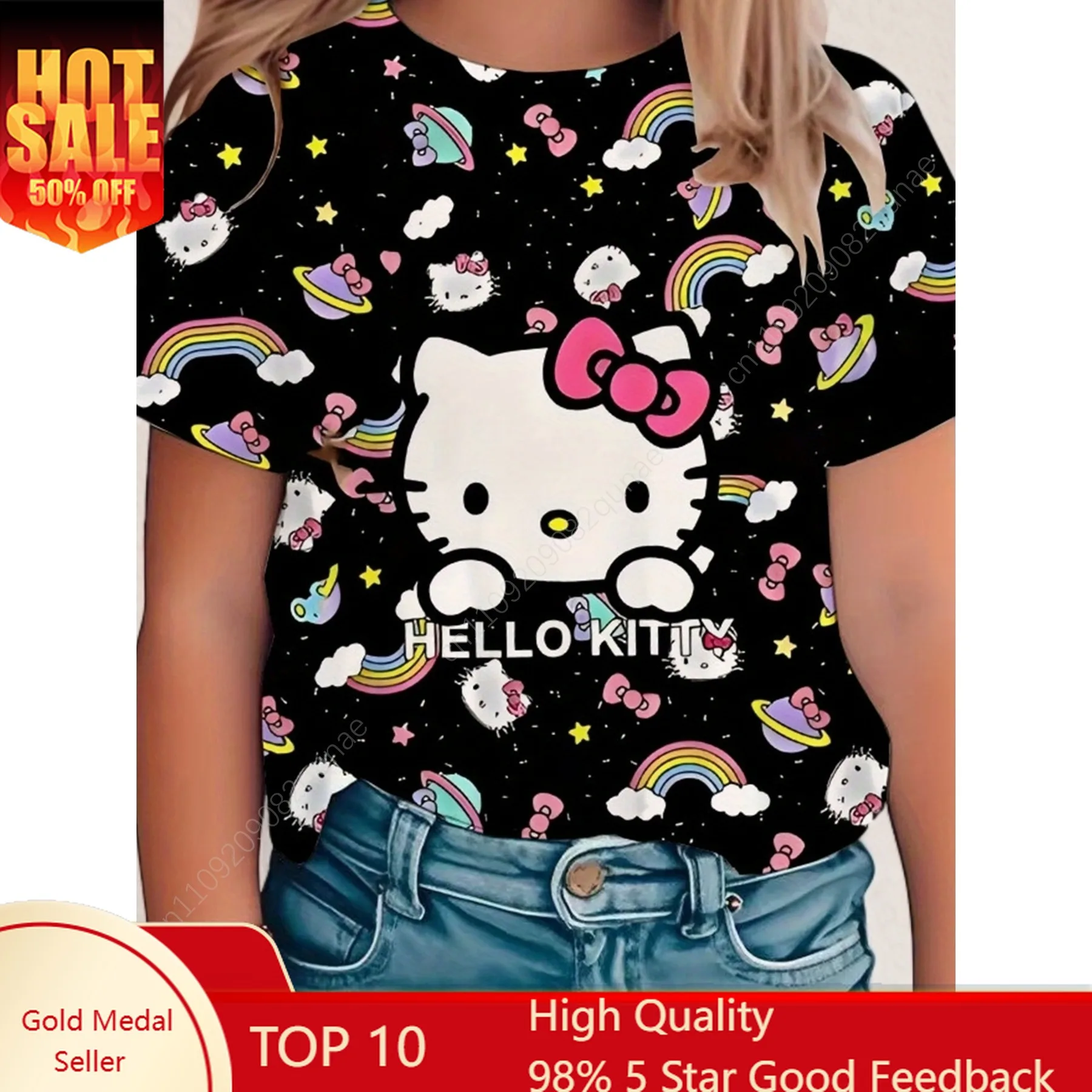 

Sanrio T-Shirt Hello Kitty Rainbow Graphic Girls Woman Short Sleeve Crew Neck Top Cartoon Mother-Daughter Matching Outfits