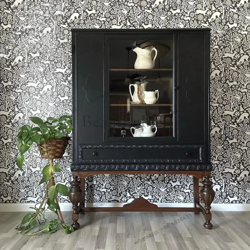 

French retro solid wood black wine cabinet against the wall display cabinet home restaurant locker furniture customization