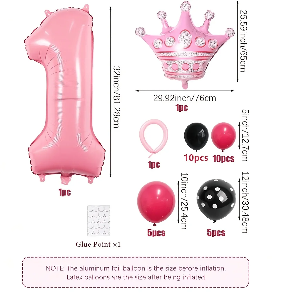 33pcs 32-Inch Pink Black Number Balloons, Self-Sealing Foil Latex 0-5, Hot Pink Crown for Birthday Wedding Shower Decor Set