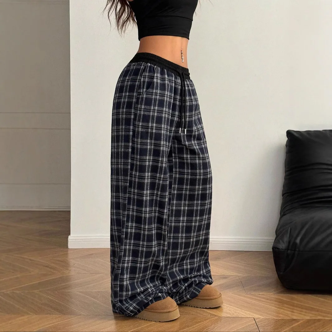 2025 Autumn New Fashionable Loose Elastic Waist Home Checkered Pattern Casual Pants